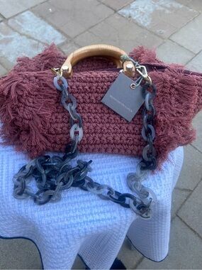 Monserat De Lucca Crocheted Fringe Top-Handle Bag in Dusty Rose